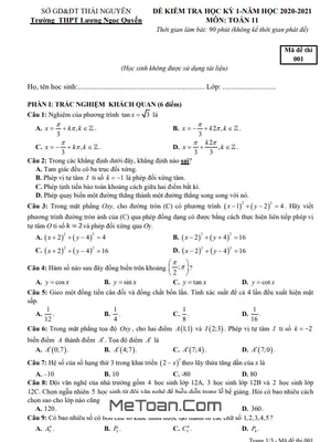 Đề thi HK1 Toán 11 năm 2020 - 2021 trường Lương Ngọc Quyến - Thái Nguyên