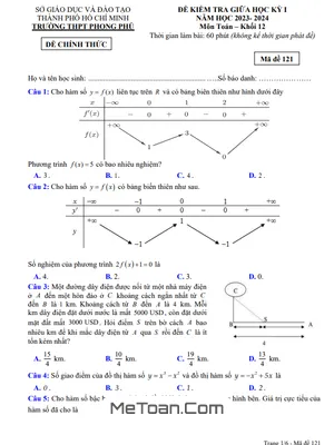 Đề Thi Giữa Học Kỳ 1 Toán 12 Năm 2023 - 2024 Trường THPT Phong Phú - TP.HCM