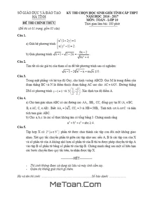 Đề thi chọn học sinh giỏi tỉnh môn Toán 10 năm học 2016 - 2017 sở GD&ĐT Hà Tĩnh