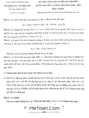 Đề chọn đội tuyển thi HSG Toán Quốc gia năm 2020 - 2021 Sở GD&ĐT Thái Nguyên