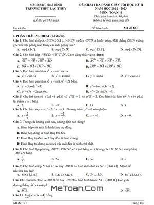 Đề thi Toán 11 cuối kỳ 2 năm 2022-2023 trường THPT Lạc Thủy - Hòa Bình (có đáp án)