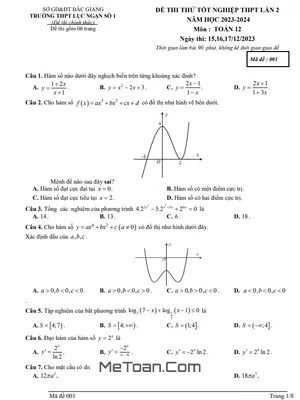 Đề thi thử Toán TN THPT 2024 lần 2 trường THPT Lục Ngạn 1 – Bắc Giang