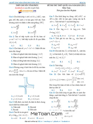 Đề Thi Thử Môn Toán 2018 THPT Quốc Gia Lần 2 Trường THPT Chuyên Vĩnh Phúc