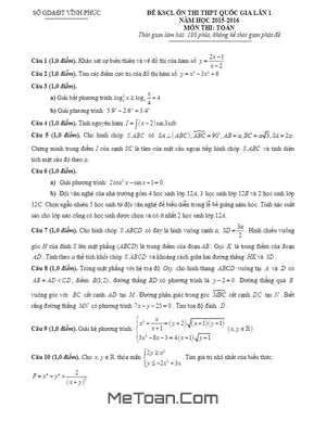 Đề thi thử THPT Quốc gia môn Toán 2016 sở GD&ĐT Vĩnh Phúc - Lần 1 (có đáp án)