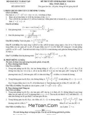 Đề thi và đáp án môn Toán khối A năm 2010 - Tuyển sinh Đại học, Cao đẳng