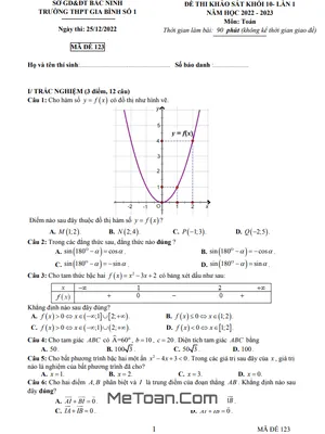Đề khảo sát Toán 10 lần 1 năm 2022 – 2023 trường THPT Gia Bình 1 – Bắc Ninh