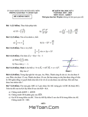 Đề thi học kỳ 1 Toán 7 năm 2019 - 2020 phòng GD&ĐT Hóc Môn - TP HCM
