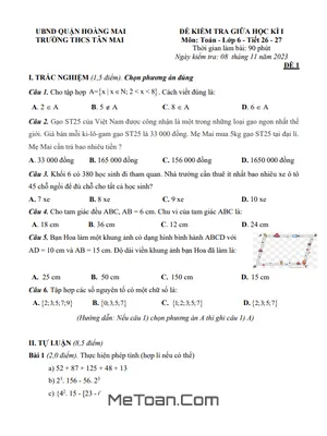 Đề giữa học kì 1 Toán 6 năm 2023 - 2024 trường THCS Tân Mai - Hà Nội