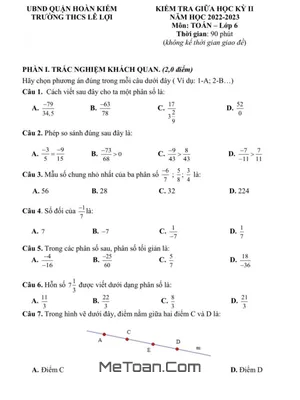 Đề thi giữa học kỳ 2 Toán 6 năm 2022 - 2023 trường THCS Lê Lợi - Hà Nội
