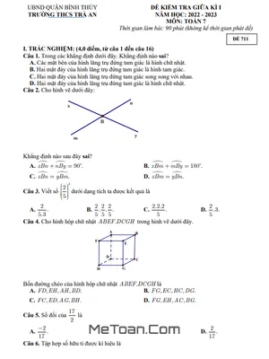 Đề Thi Giữa Kì 1 Toán 7 Năm 2022-2023 Trường THCS Trà An - Cần Thơ - Đáp Án & Lời Giải