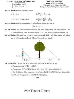 Đề thi học kì 2 Toán 8 năm 2019 - 2020 trường THCS Đức Trí - TP. HCM (có lời giải)