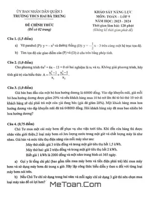 Đề khảo sát năng lực Toán 9 năm 2023 – 2024 trường THCS Hai Bà Trưng – TP HCM