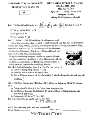 Đề khảo sát Toán 9 tháng 11 năm 2020 trường THCS Thanh Am - Hà Nội