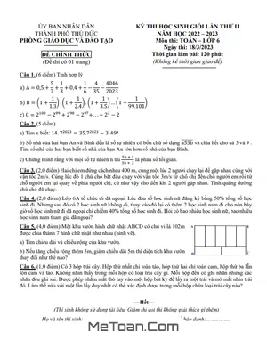 Đề thi học sinh giỏi lần 2 môn Toán lớp 6 năm 2022 - 2023 phòng GD&ĐT Thủ Đức - TP HCM