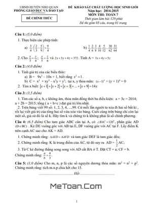 Đề thi học sinh giỏi huyện môn Toán lớp 7 năm 2014 - 2015 phòng GD&ĐT Nho Quan - Ninh Bình