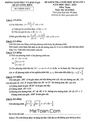 Đề thi học kì 2 Toán 9 năm 2022 - 2023 phòng GD&ĐT Long Biên - Hà Nội