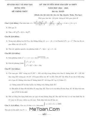 Đề thi tuyển sinh lớp 10 môn Toán (chuyên) năm 2024 - 2025 Sở GD&ĐT Hưng Yên