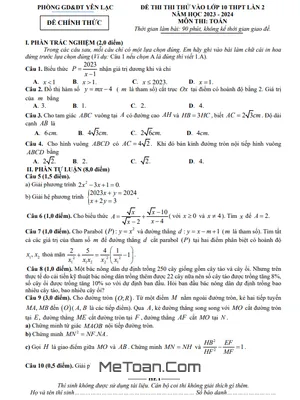 Đề thi thử Toán vào 10 lần 2 năm 2023 – 2024 phòng GD&ĐT Yên Lạc – Vĩnh Phúc