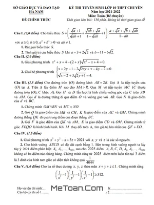 Đề thi tuyển sinh lớp 10 chuyên Toán (Chuyên) năm 2021 - 2022 Sở GD&ĐT Hà Nam
