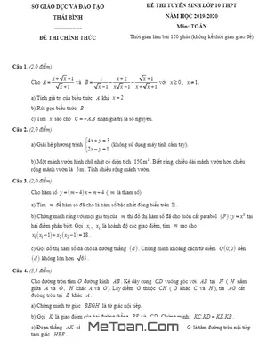 Đề Thi Tuyển Sinh Lớp 10 THPT Năm 2019 - 2020 Môn Toán Sở GD&ĐT Thái Bình