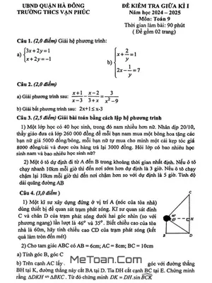 Đề thi giữa kì 1 Toán 9 năm 2024 - 2025 trường THCS Vạn Phúc - Hà Nội