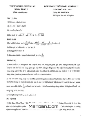 Đề khảo sát Toán 9 tháng 12 năm 2024 - 2025 trường THCS Chu Văn An - Hà Nội