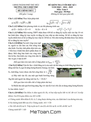 Đề thi học kì 1 Toán 9 năm 2024 - 2025 trường THCS Hiệp Phú - TP HCM (có đáp án)