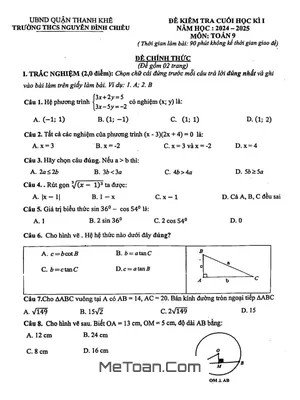 Đề thi học kì 1 Toán 9 năm 2024 - 2025 trường THCS Nguyễn Đình Chiểu - Đà Nẵng