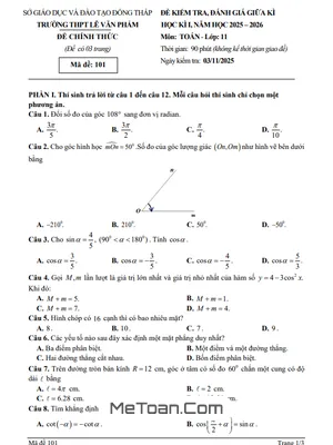 Đề thi giữa kì 1 Toán 11 THPT Lê Văn Phẩm - Đồng Tháp năm 2025 - 2026 (Có Đáp Án)