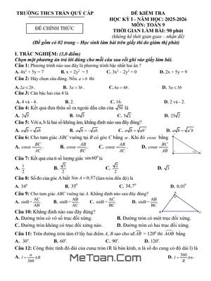 Đề Thi Toán Lớp 9 Cuối Kỳ 1 Năm 2025-2026 Trường THCS Trần Quý Cáp Đà Nẵng - Có Đáp Án
