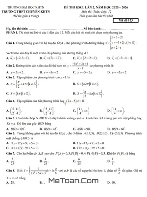Đề Khảo Sát Chất Lượng Toán 12 Lần 2 Năm 2025-2026 Trường THPT Chuyên KHTN Hà Nội