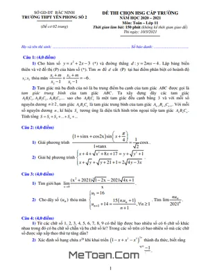 Đề thi HSG Toán 11 năm 2020-2021 trường Yên Phong 2 - Bắc Ninh (Có lời giải)