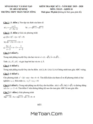 Đề thi HK1 Toán 10 năm 2019 - 2020 trường THPT Trần Nhân Tông - TP HCM