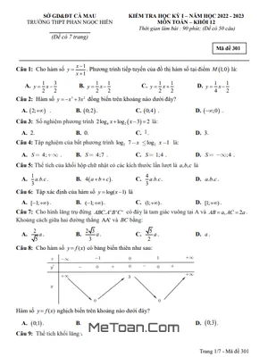 Đề thi học kỳ 1 Toán 12 năm 2022 - 2023 trường THPT Phan Ngọc Hiển - Cà Mau