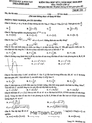 Đề thi học kỳ 1 Toán 12 năm học 2018 - 2019 sở GD&ĐT Thừa Thiên Huế