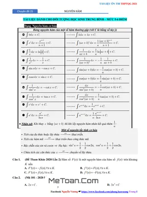 Chuyên Đề Nguyên Hàm, Tích Phân Và Ứng Dụng Ôn Thi THPT 2021 - Nguyễn Bảo Vương