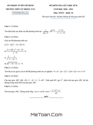 Đề thi giữa kì 2 Toán 10 năm 2020 - 2021 trường THPT Lê Trọng Tấn - TP HCM