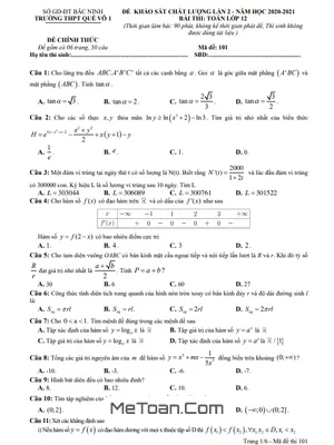 Đề khảo sát chất lượng Toán 12 lần 2 năm 2020 - 2021 trường THPT Quế Võ 1 - Bắc Ninh