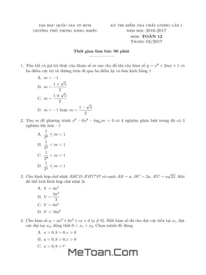 Đề kiểm tra chất lượng Toán 12 năm học 2016 - 2017 trường Phổ thông Năng khiếu - TP.HCM (lần 1)
