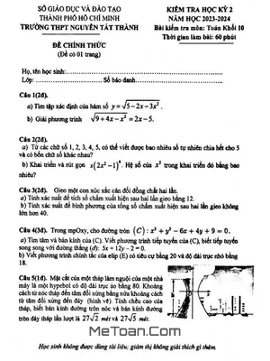 Đề thi học kỳ 2 Toán 10 năm 2023 - 2024 trường THPT Nguyễn Tất Thành - TP HCM