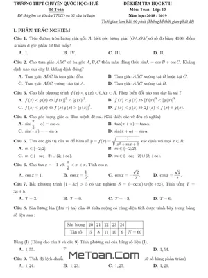 Đề thi HK2 Toán 10 năm 2018 - 2019 trường THPT chuyên Quốc học Huế