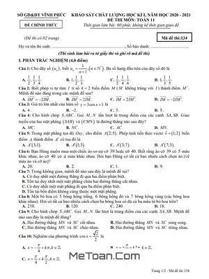 Đề thi học kì 1 Toán 11 năm học 2020 - 2021 sở GD&ĐT Vĩnh Phúc