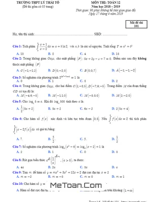 Đề thi HK2 Toán 12 năm học 2018 - 2019 trường THPT Lý Thái Tổ - Bắc Ninh