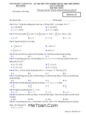 Đề thi thử tốt nghiệp THPT 2021 môn Toán lần 1 sở GD&ĐT Bắc Giang