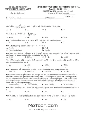 Đề thi thử Toán THPT Quốc gia 2019 trường Quỳnh Lưu 3 - Nghệ An
