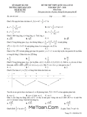 Đề thi thử Toán THPTQG 2018 trường THPT Kim Liên – Hà Nội lần 3