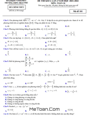 Đề thi KSCL Toán 10 lần 2 năm 2021 - 2022 trường THPT Trần Phú - Vĩnh Phúc