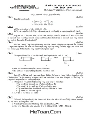 Đề thi học kỳ 1 Toán lớp 6 năm 2019 - 2020 phòng GD&ĐT Quận 5 - TP HCM
