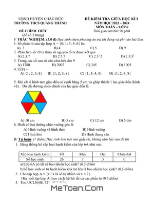 Đề thi giữa kì 1 Toán 6 năm 2023 - 2024 trường THCS Quảng Thành - BR VT (có đáp án)
