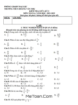 Đề Thi Giữa Kỳ 2 Môn Toán Lớp 6 Năm 2021 - 2022 Trường THCS Hoàng Văn Thụ - Quảng Nam